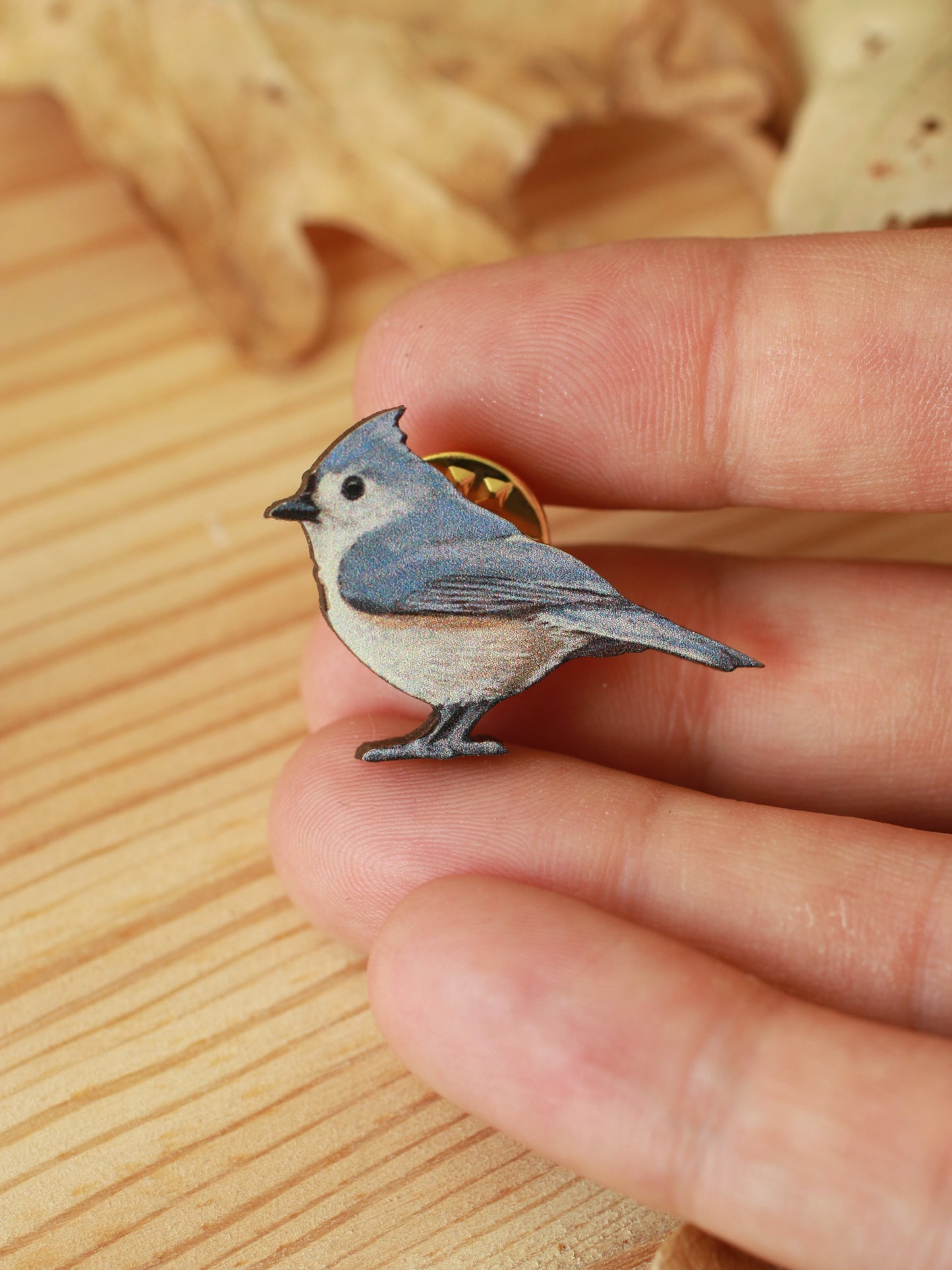 Tufted titmouse pin - wooden bird pin