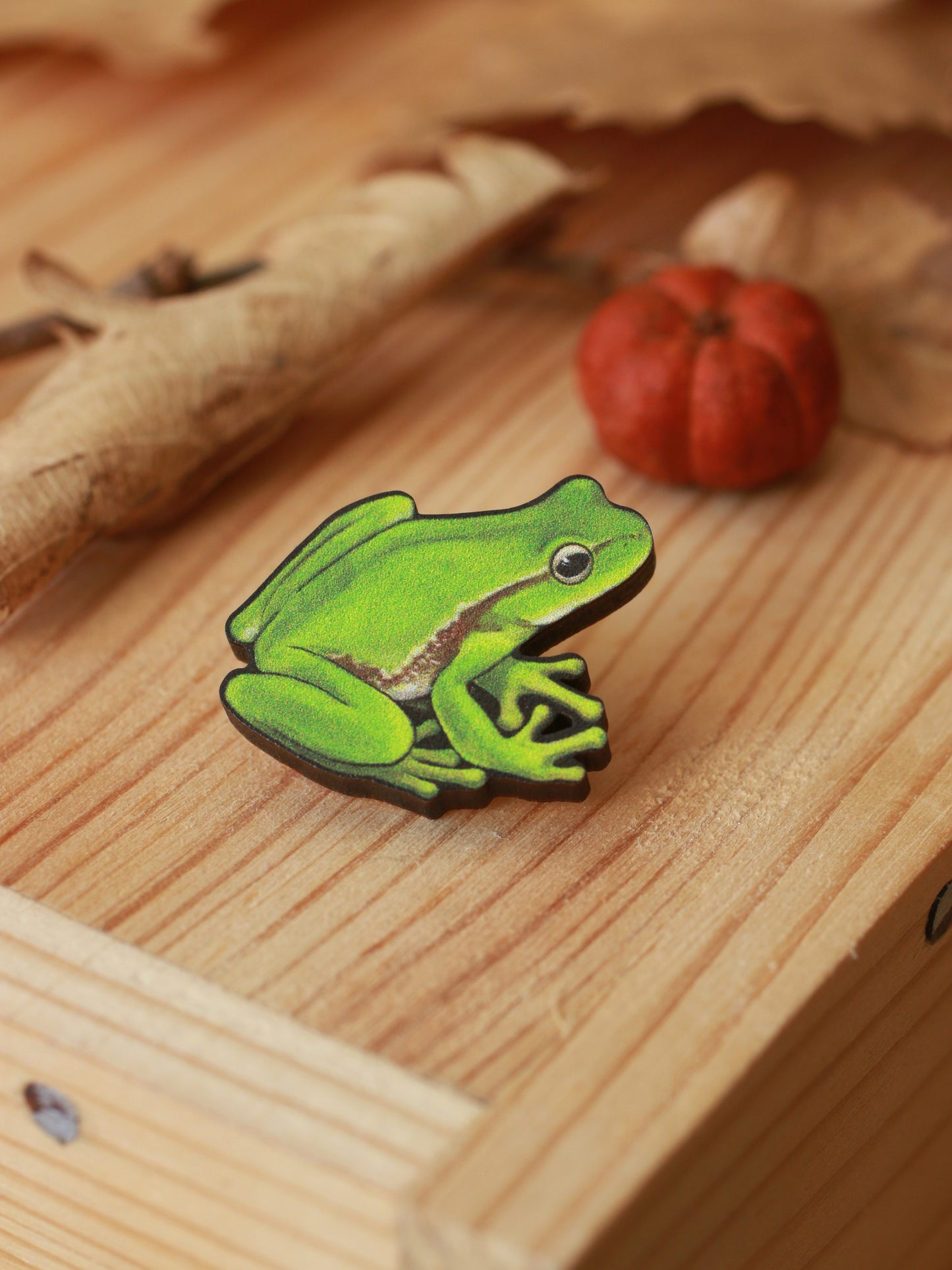 Tree Frog pin - wooden frog brooch