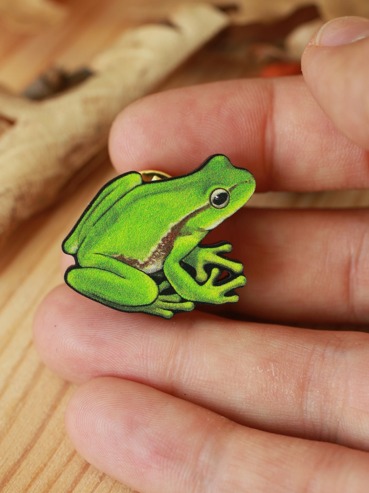 Tree Frog pin - wooden frog brooch