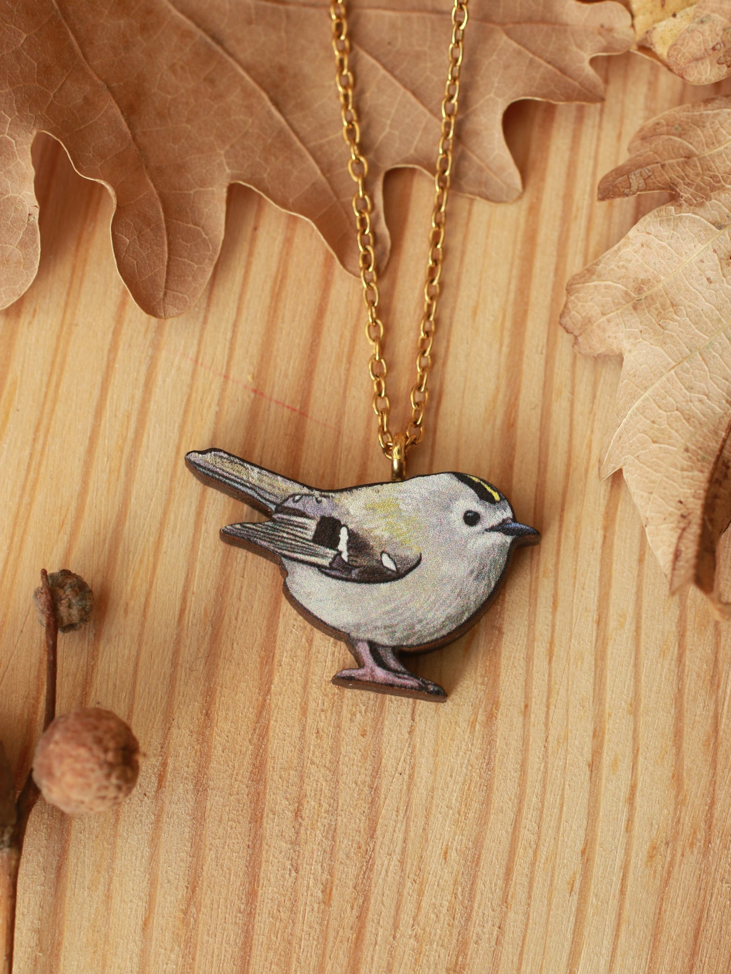 Goldcrest necklace - wooden bird pendant