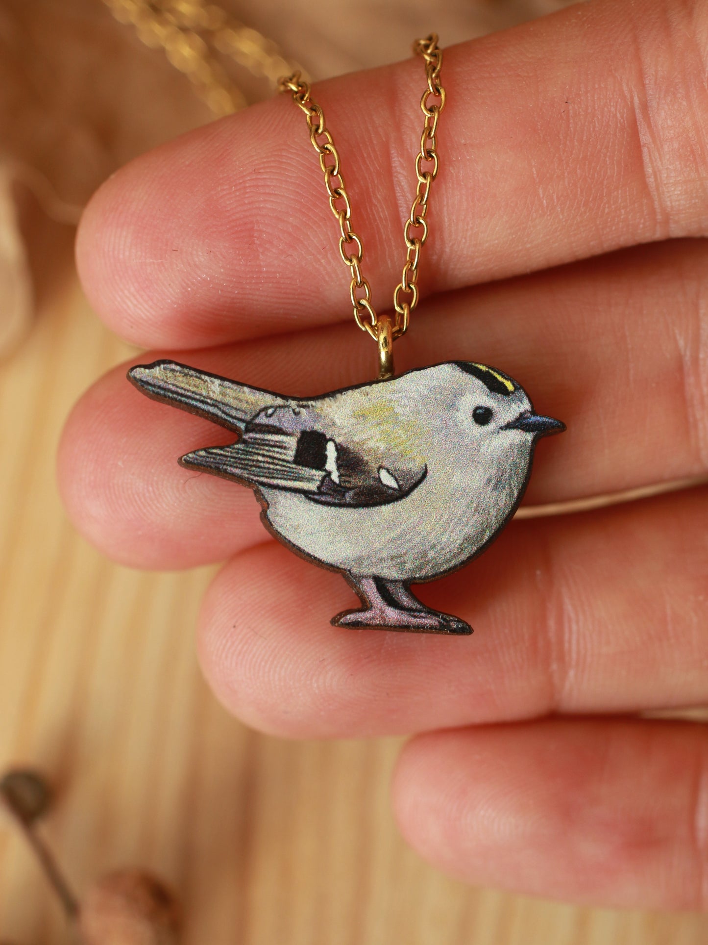 Goldcrest necklace - wooden bird pendant