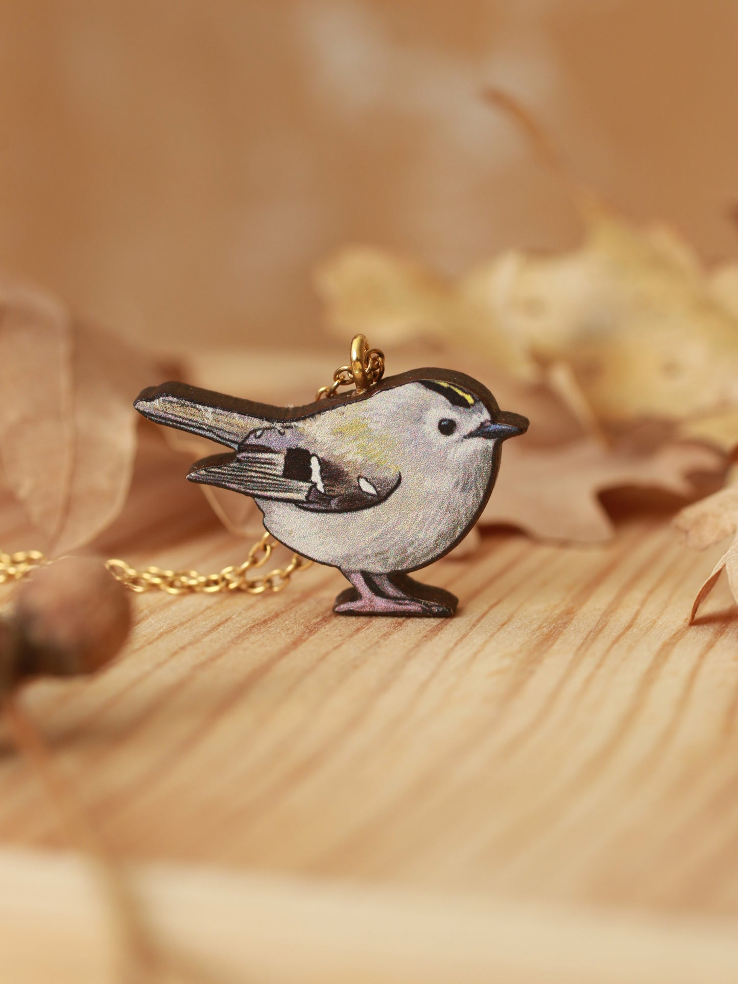 Goldcrest necklace - wooden bird pendant