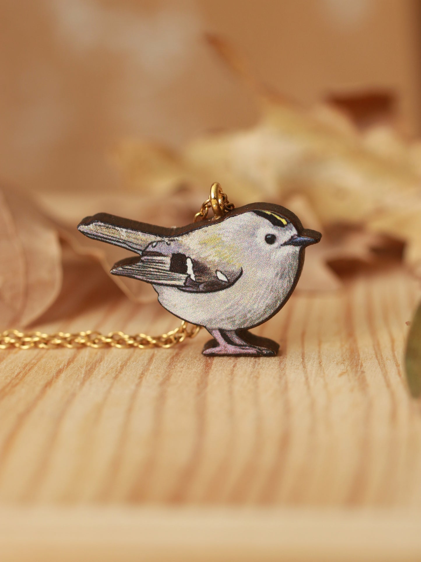 Goldcrest necklace - wooden bird pendant