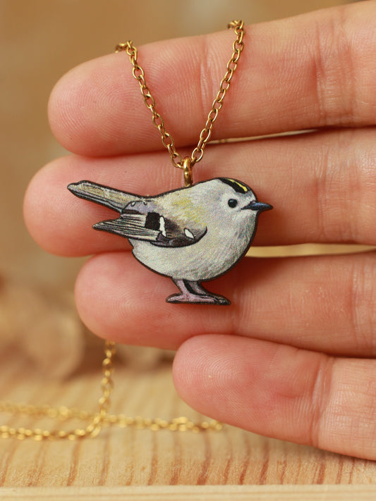 Goldcrest necklace - wooden bird pendant