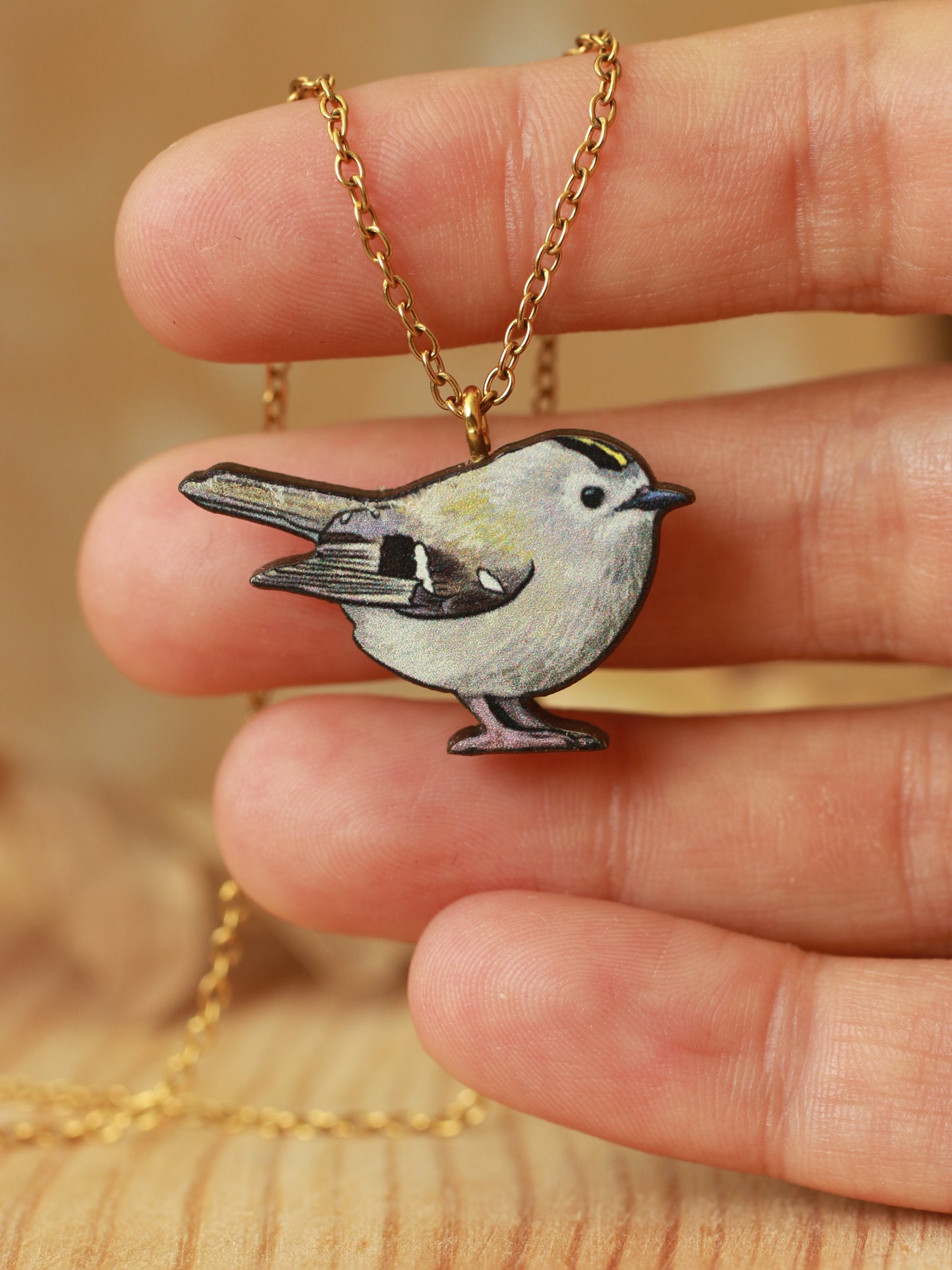 Goldcrest necklace - wooden bird pendant