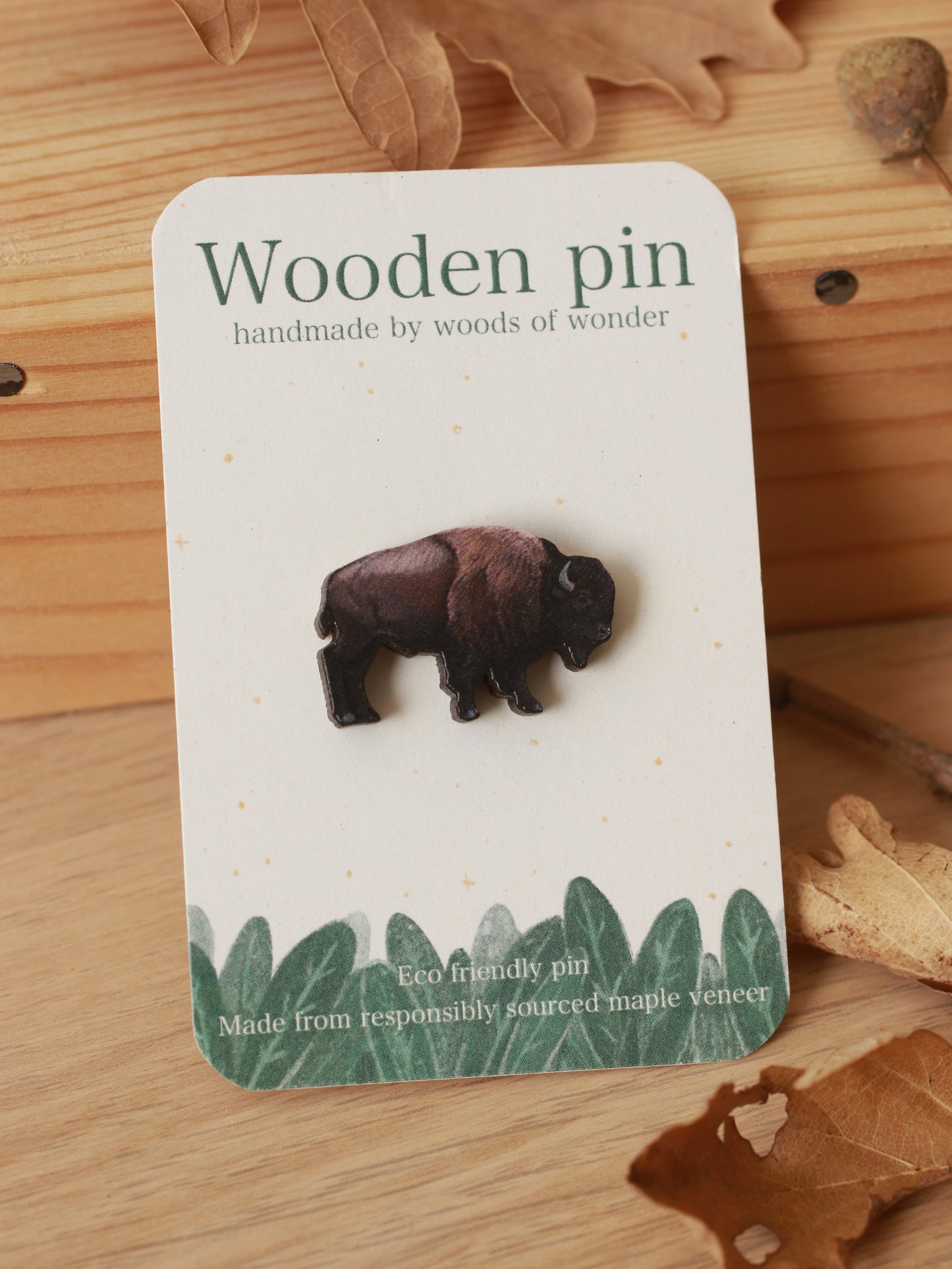 Bison pin - Wooden buffalo brooch