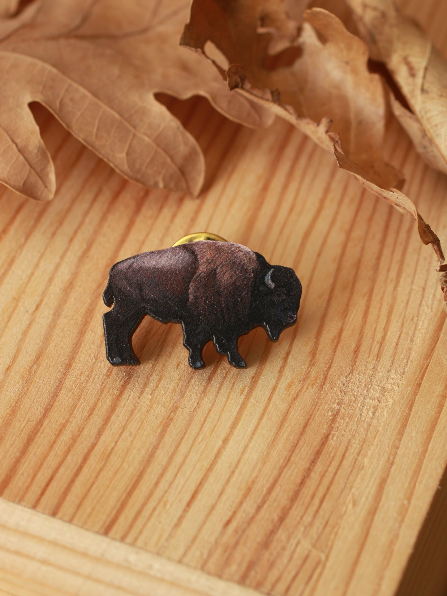 Bison pin - Wooden buffalo brooch