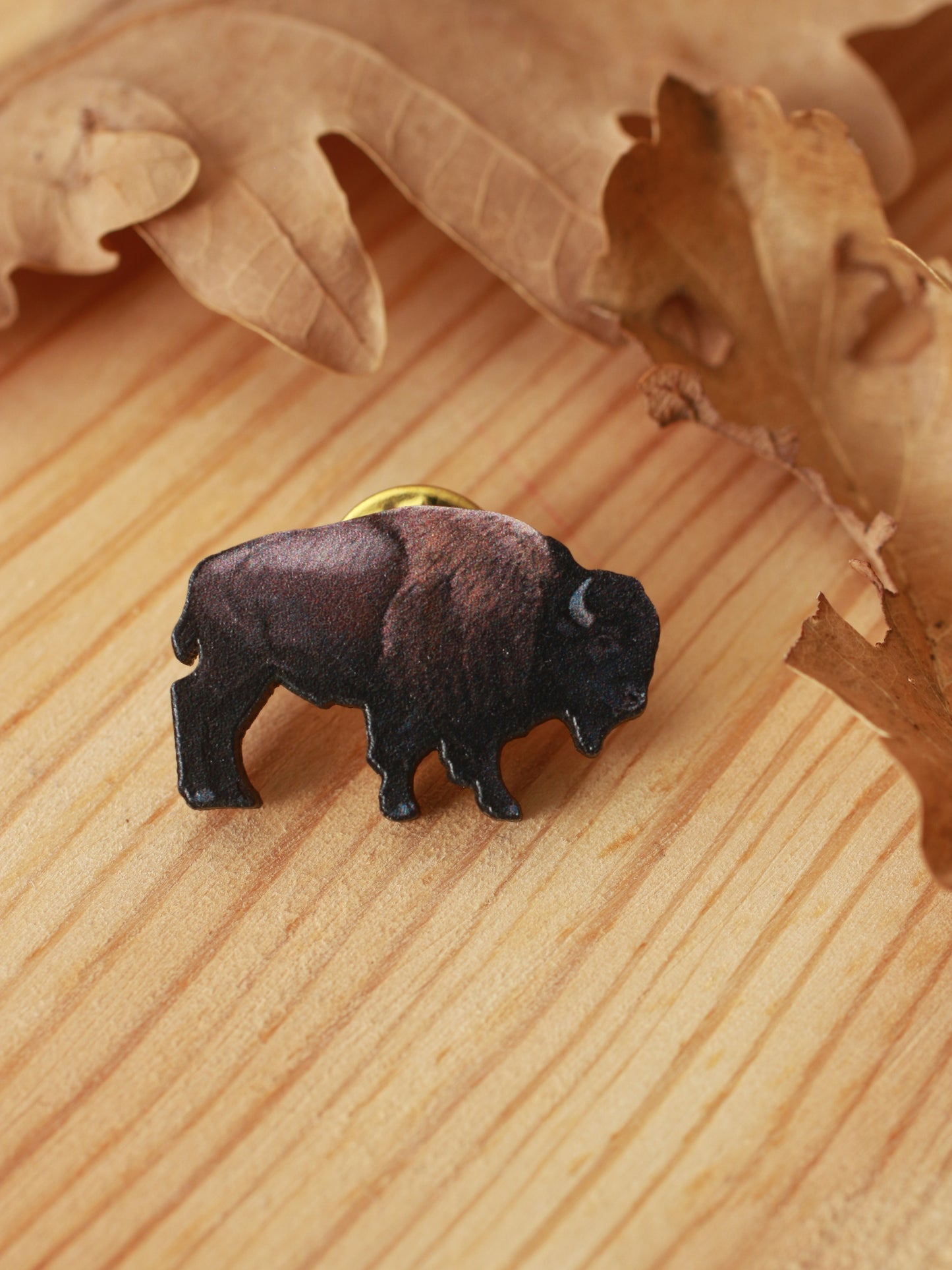 Bison pin - Wooden buffalo brooch