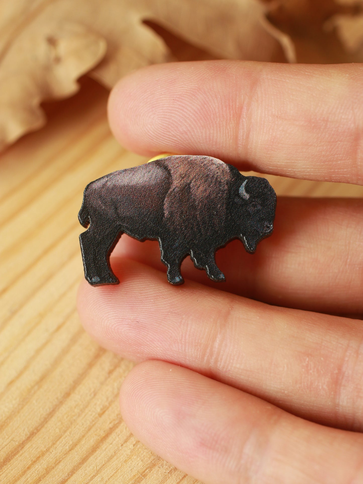 Bison pin - Wooden buffalo brooch