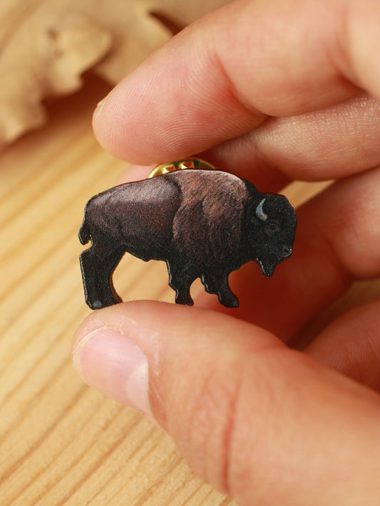 Bison pin - Wooden buffalo brooch