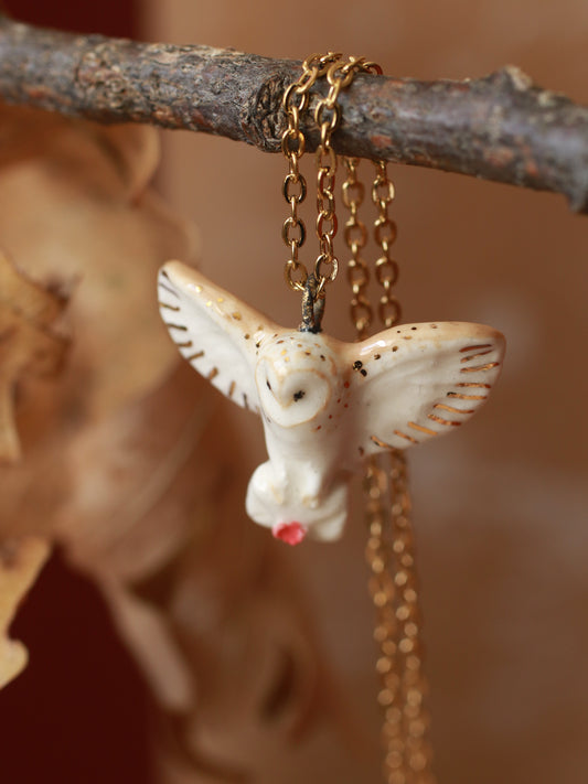 Barn owl necklace with a letter - 22k gold details