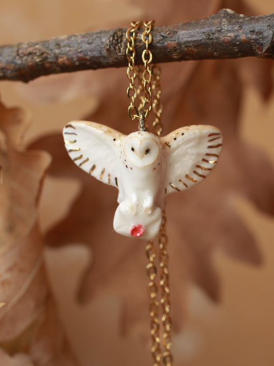 Barn owl necklace with a letter - 22k gold details