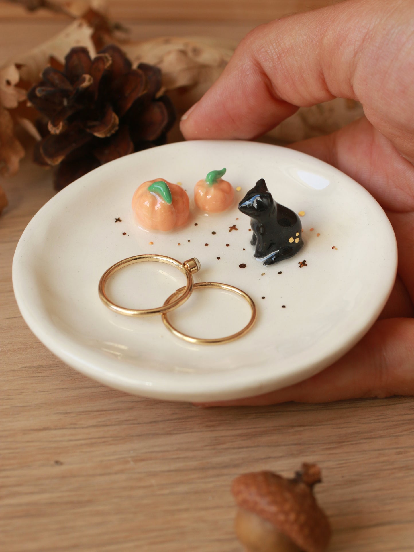 Black cat with pumpkins Ring Dish - Porcelain jewelry dish