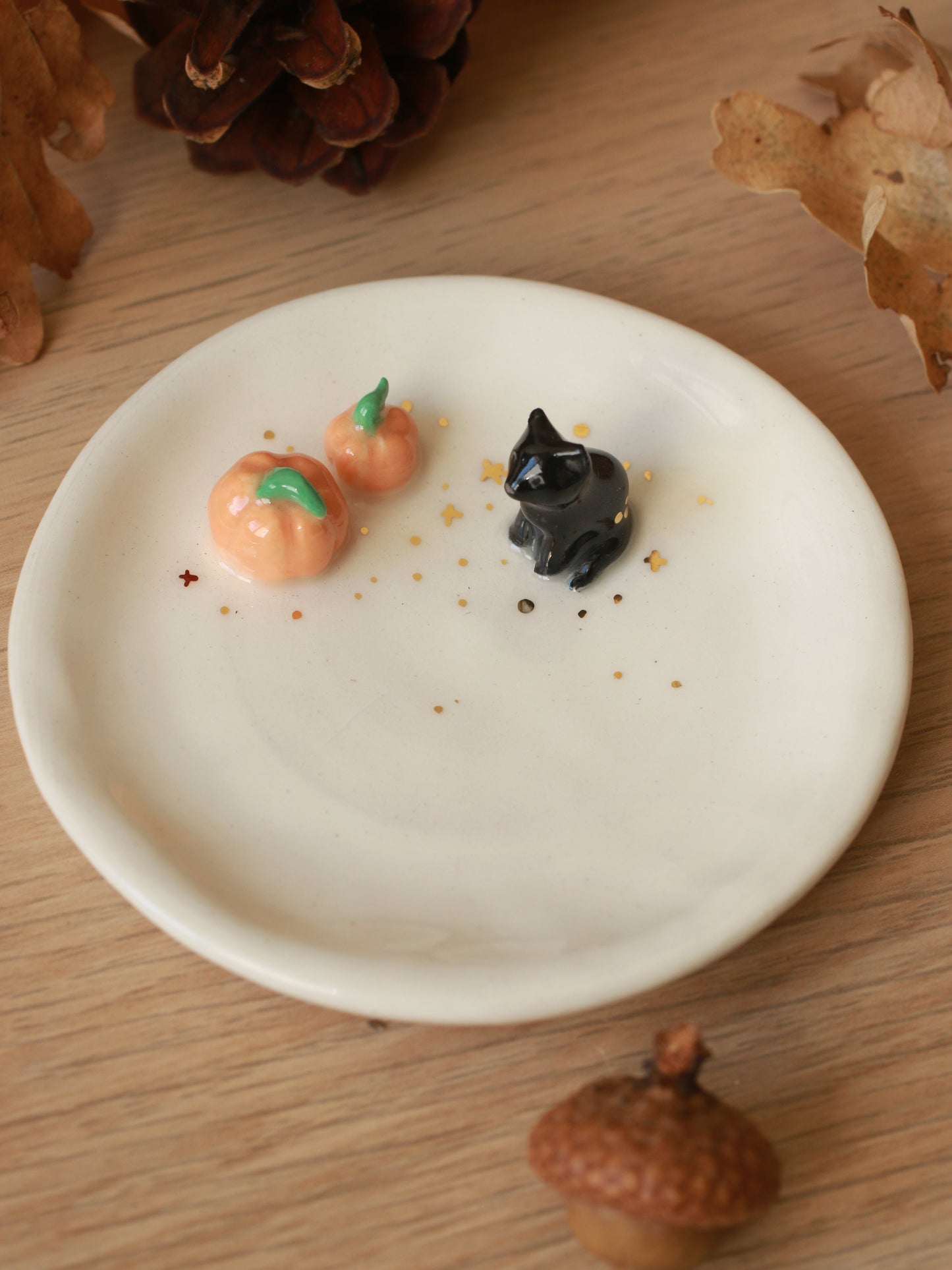 Black cat with pumpkins Ring Dish - Porcelain jewelry dish