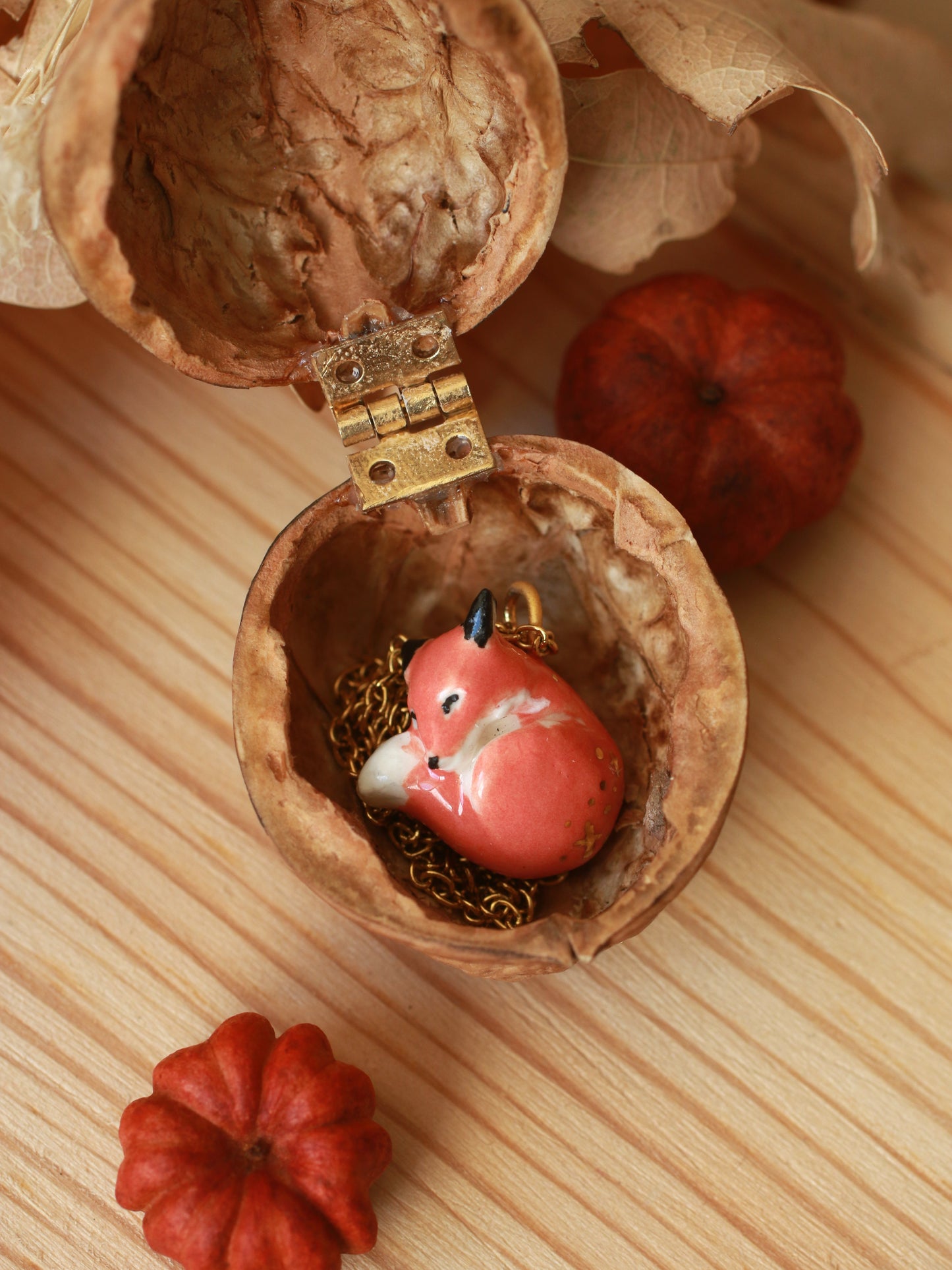 Sleeping Fox necklace in a walnut box - gold details