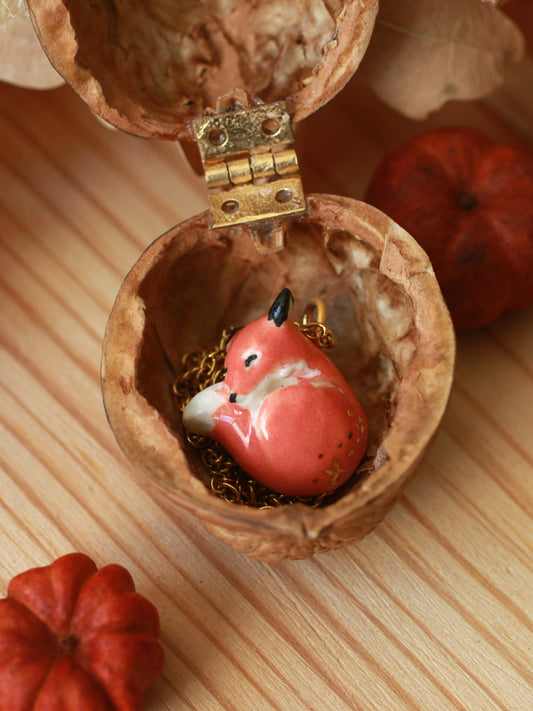 Sleeping Fox necklace in a walnut box - gold details