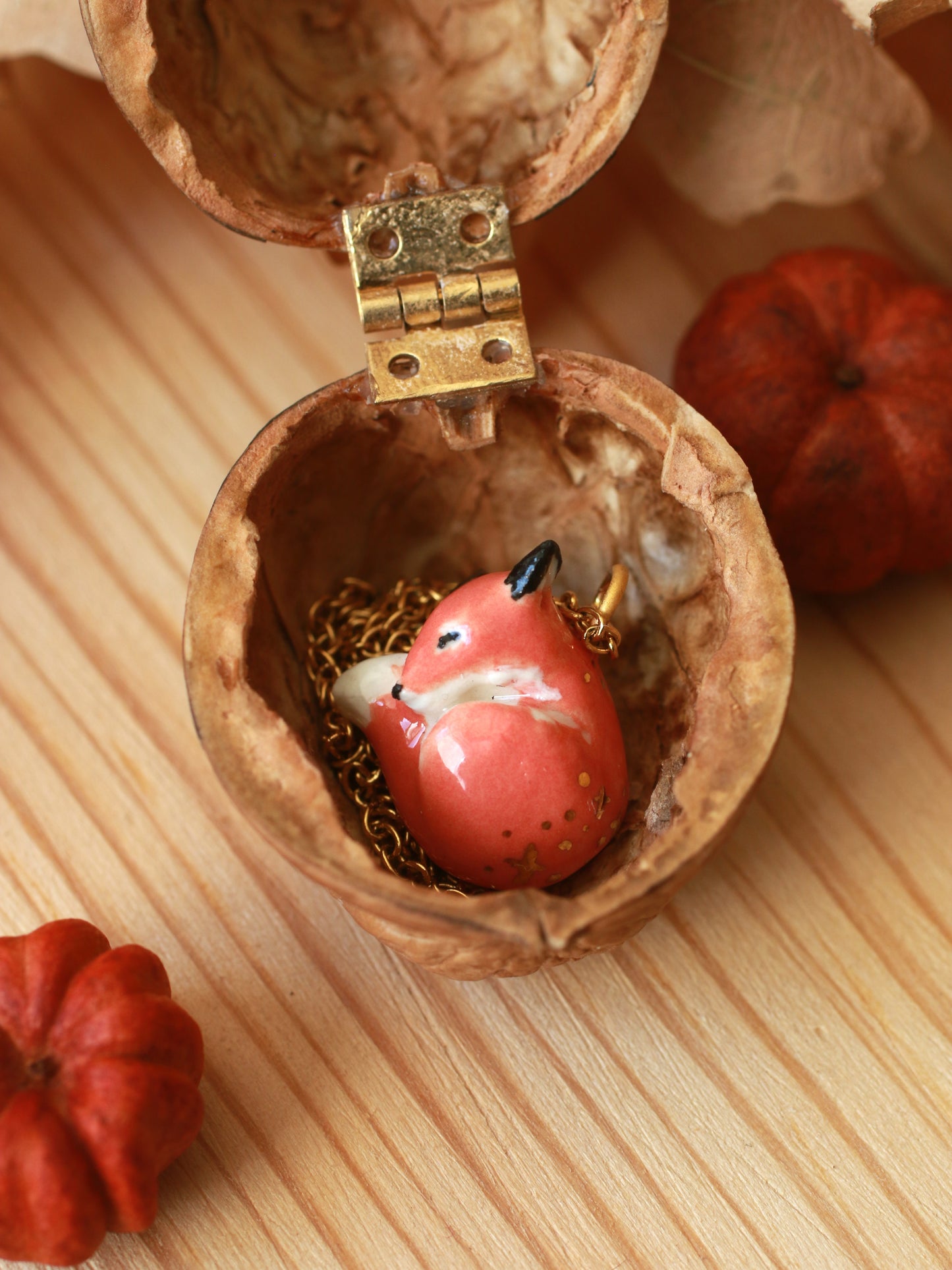 Sleeping Fox necklace in a walnut box - gold details