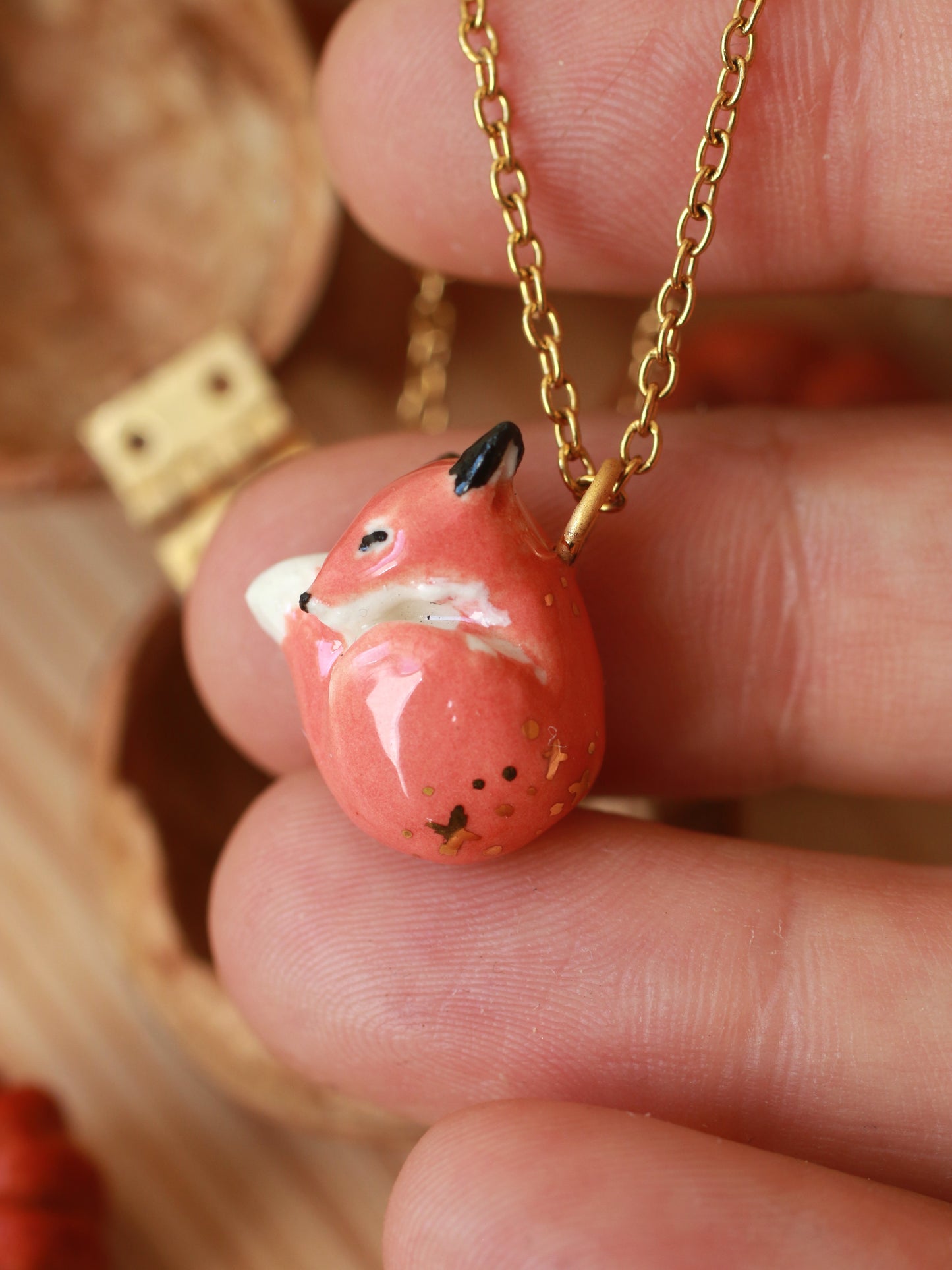 Sleeping Fox necklace in a walnut box - gold details