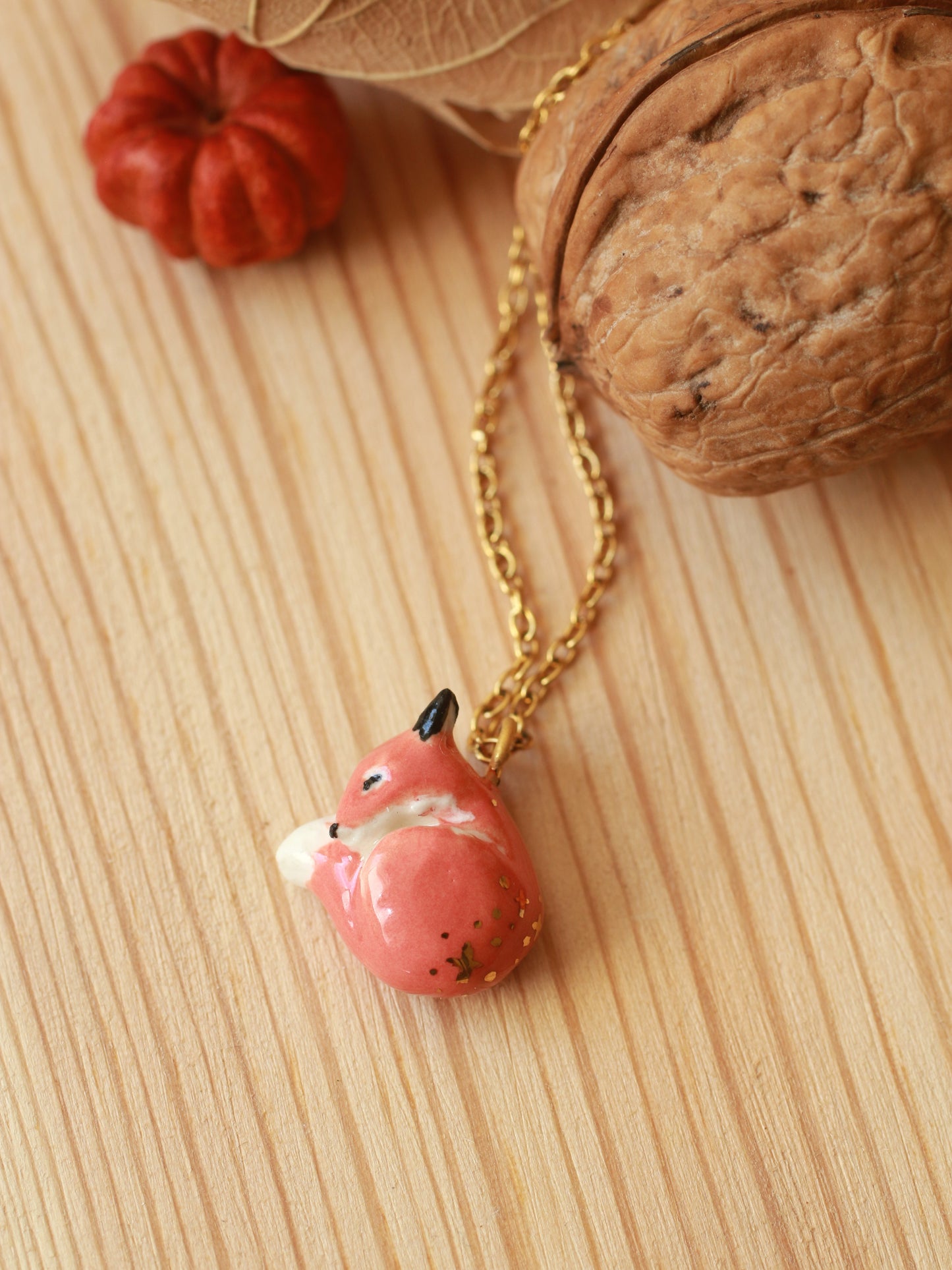 Sleeping Fox necklace in a walnut box - gold details