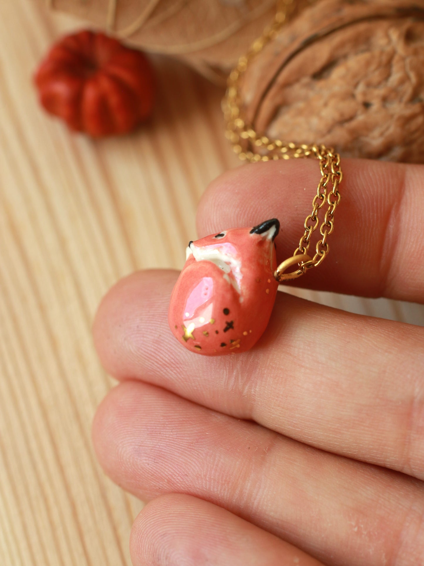 Sleeping Fox necklace in a walnut box - gold details