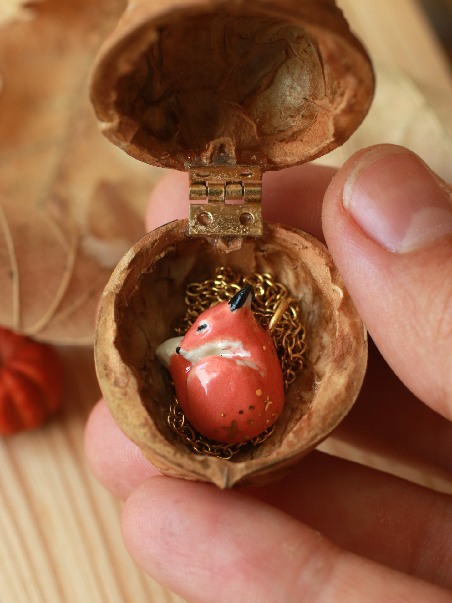 Sleeping Fox necklace in a walnut box - gold details