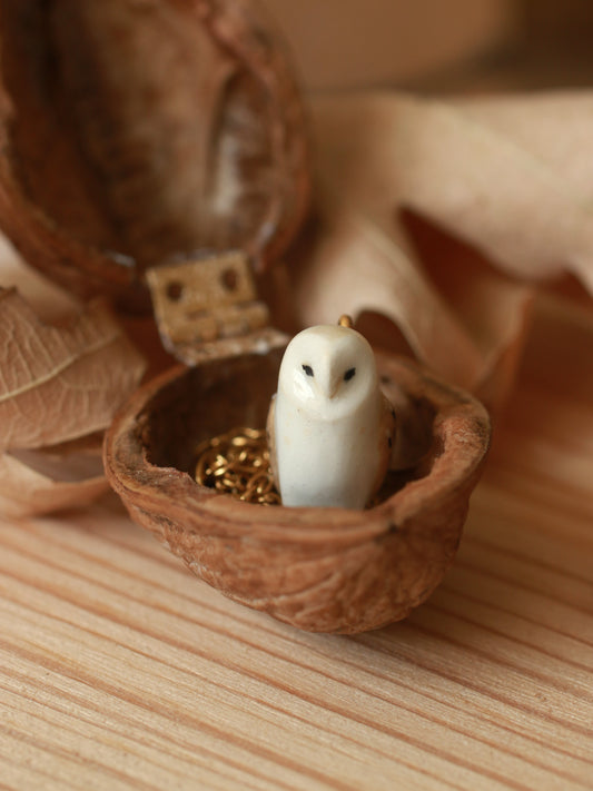 Barn owl necklace in a nutshell box - gold details