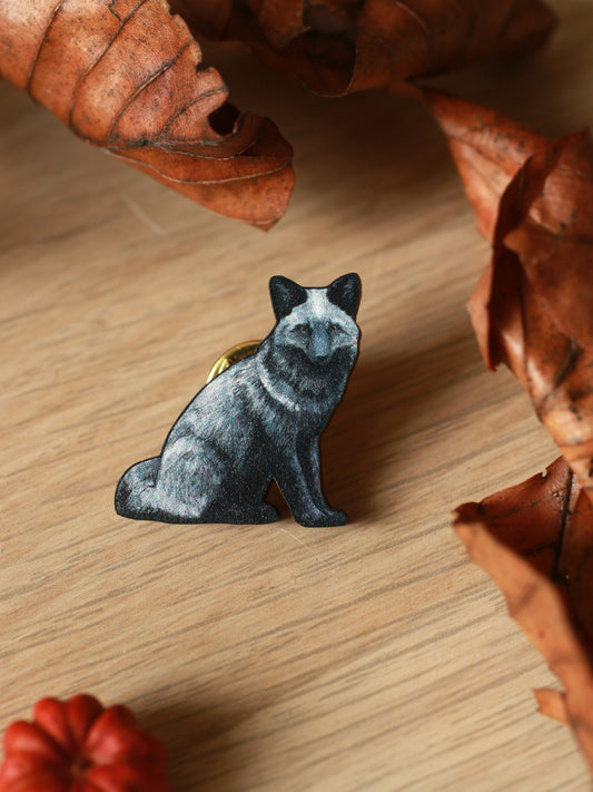 Silver fox pin - black fox brooch