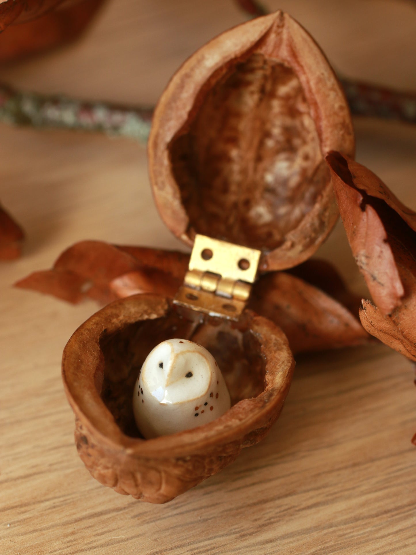 Baby barn owl figure in a walnut box