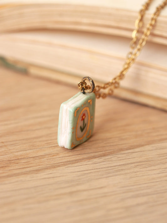 Flower book necklace - Light green book