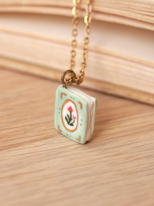 Flower book necklace - Light green book