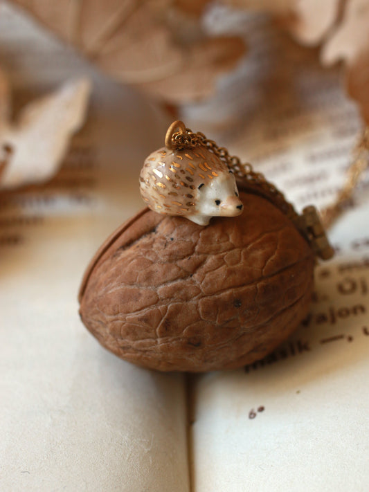 Hedgehog necklace in a walnut box