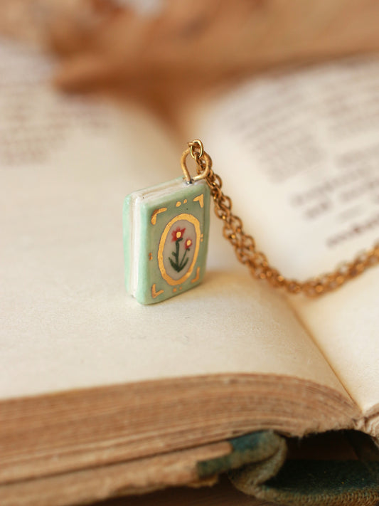 Flower book necklace - Light green book