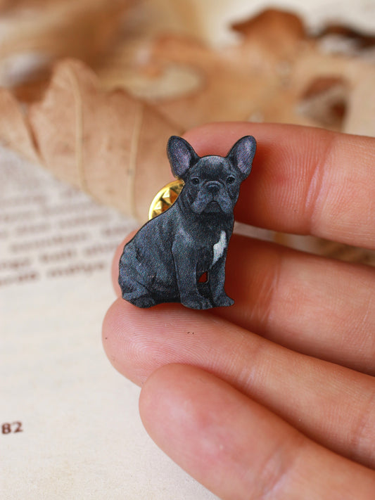 Grey French Bulldog Pin - wooden dog brooch