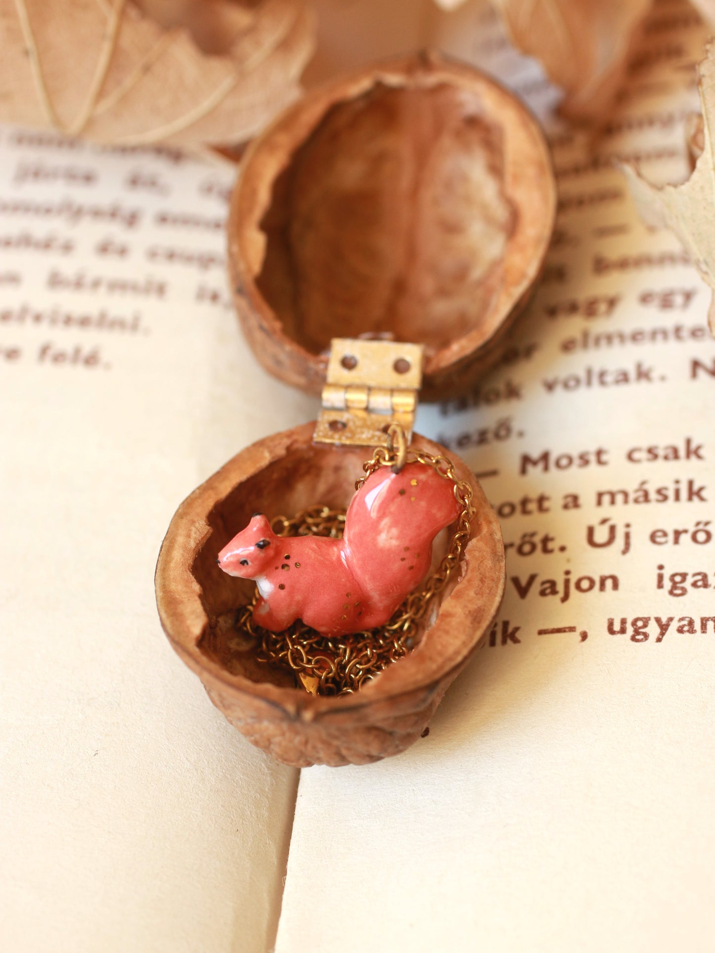 Squirrel necklace in a walnut box