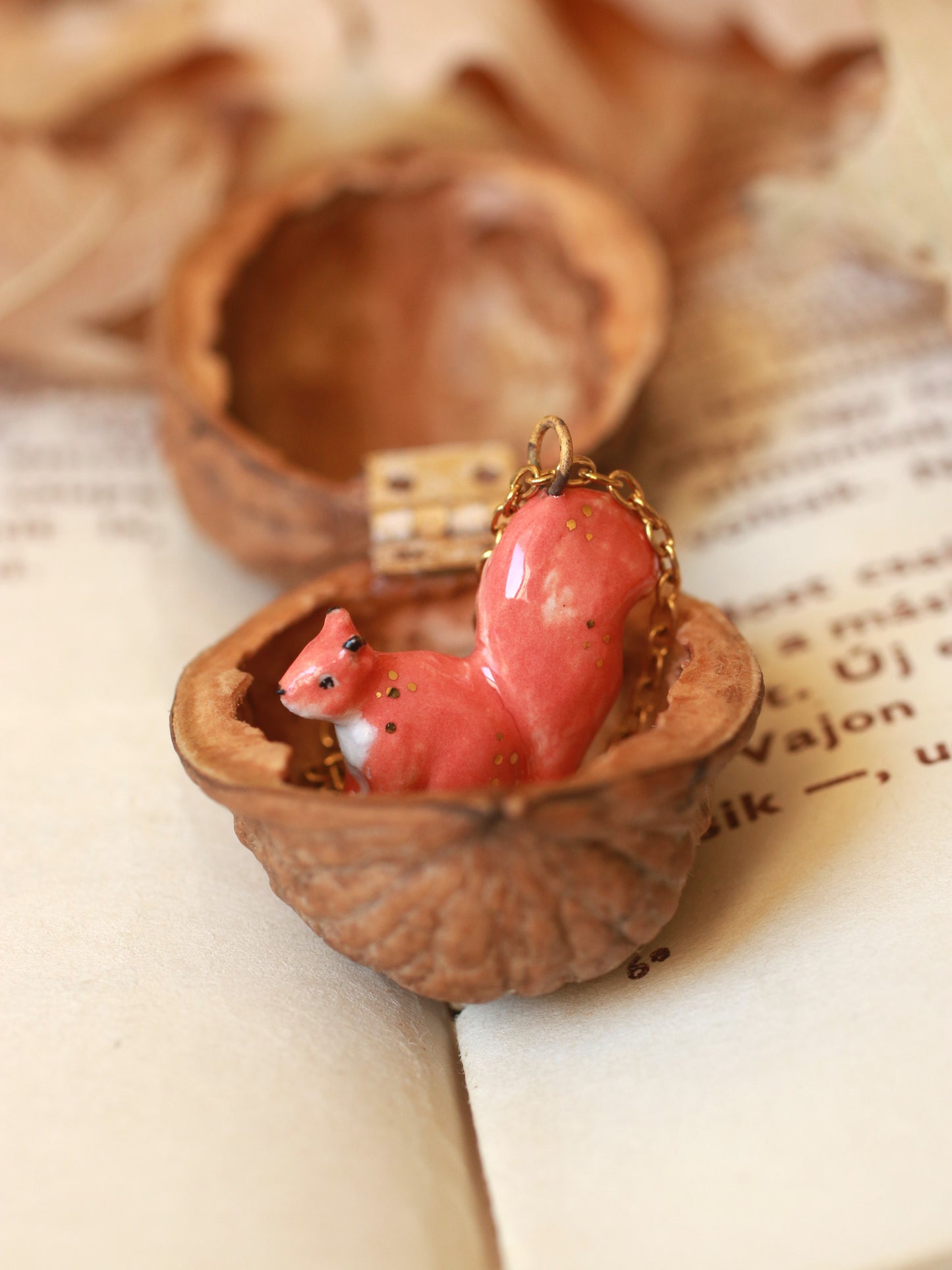 Squirrel necklace in a walnut box