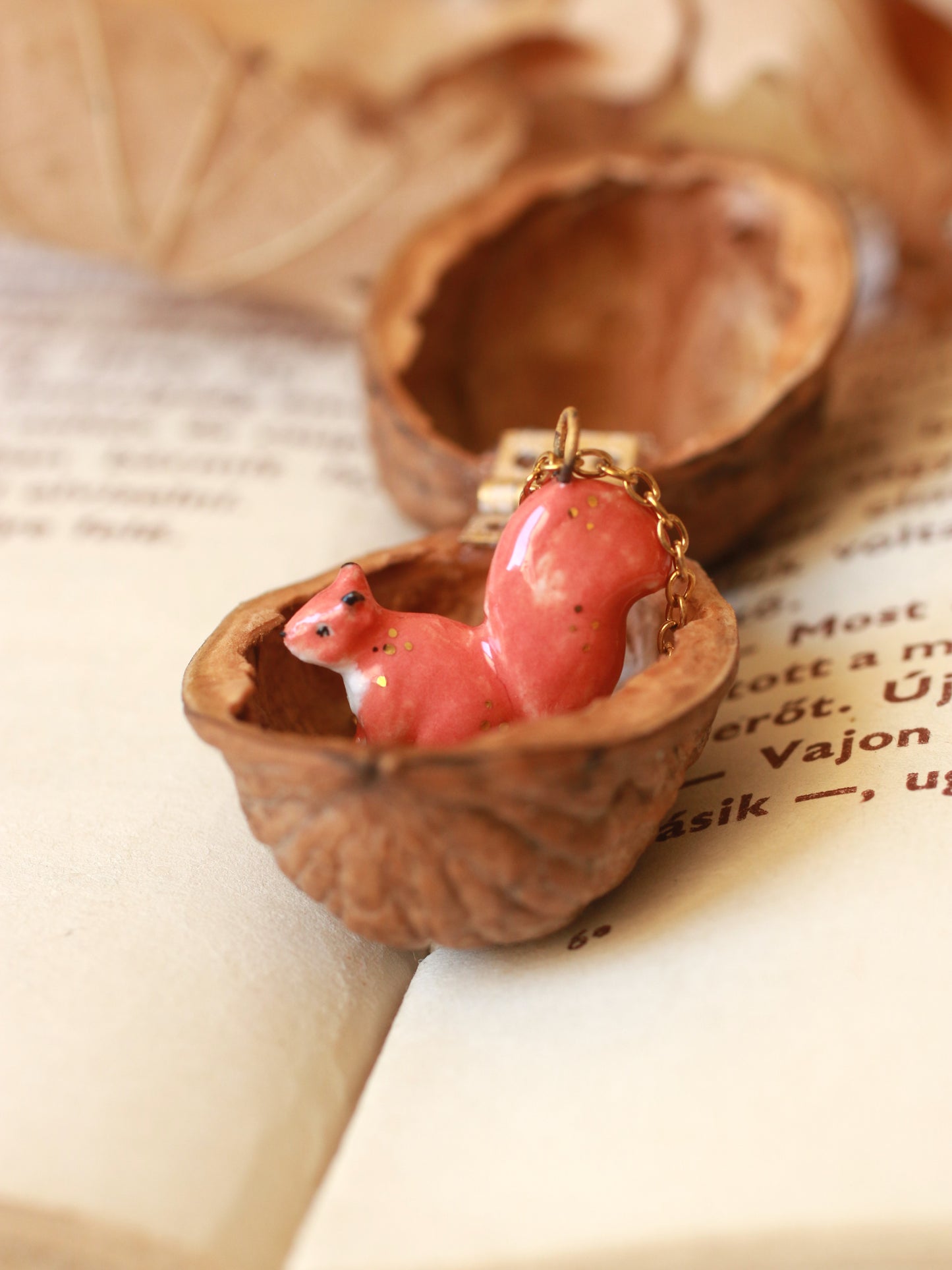 Squirrel necklace in a walnut box