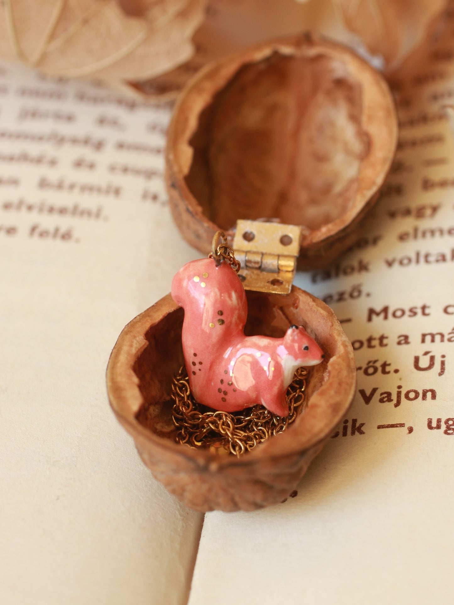 Squirrel necklace in a walnut box