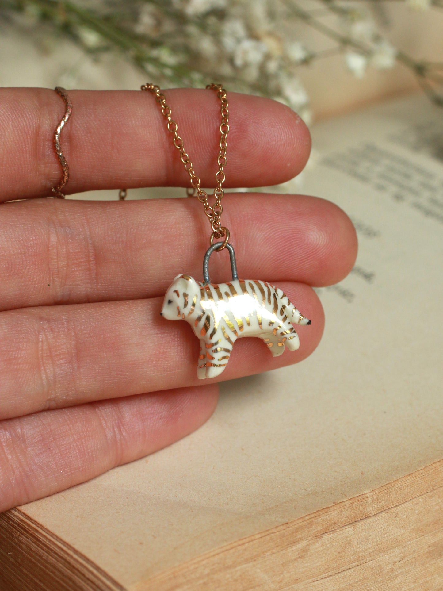 Ceramic Tiger necklace - 22k gold details