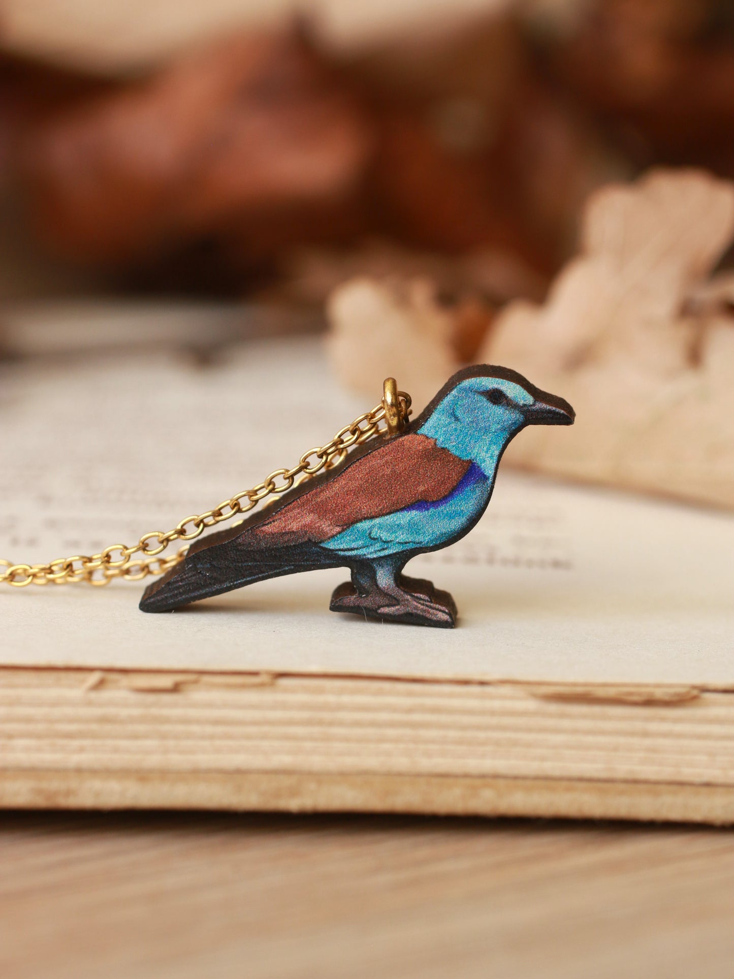 European roller necklace - wooden bird pendant