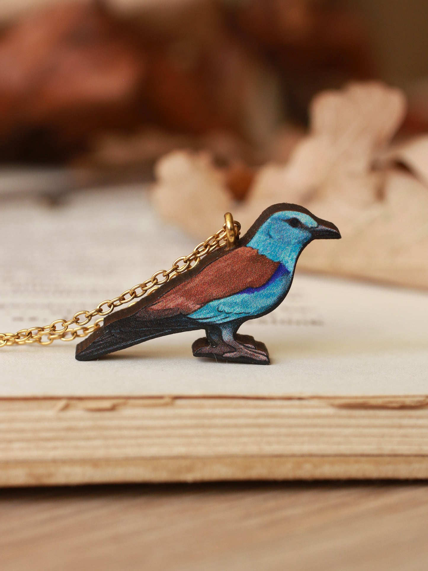 European roller necklace - wooden bird pendant