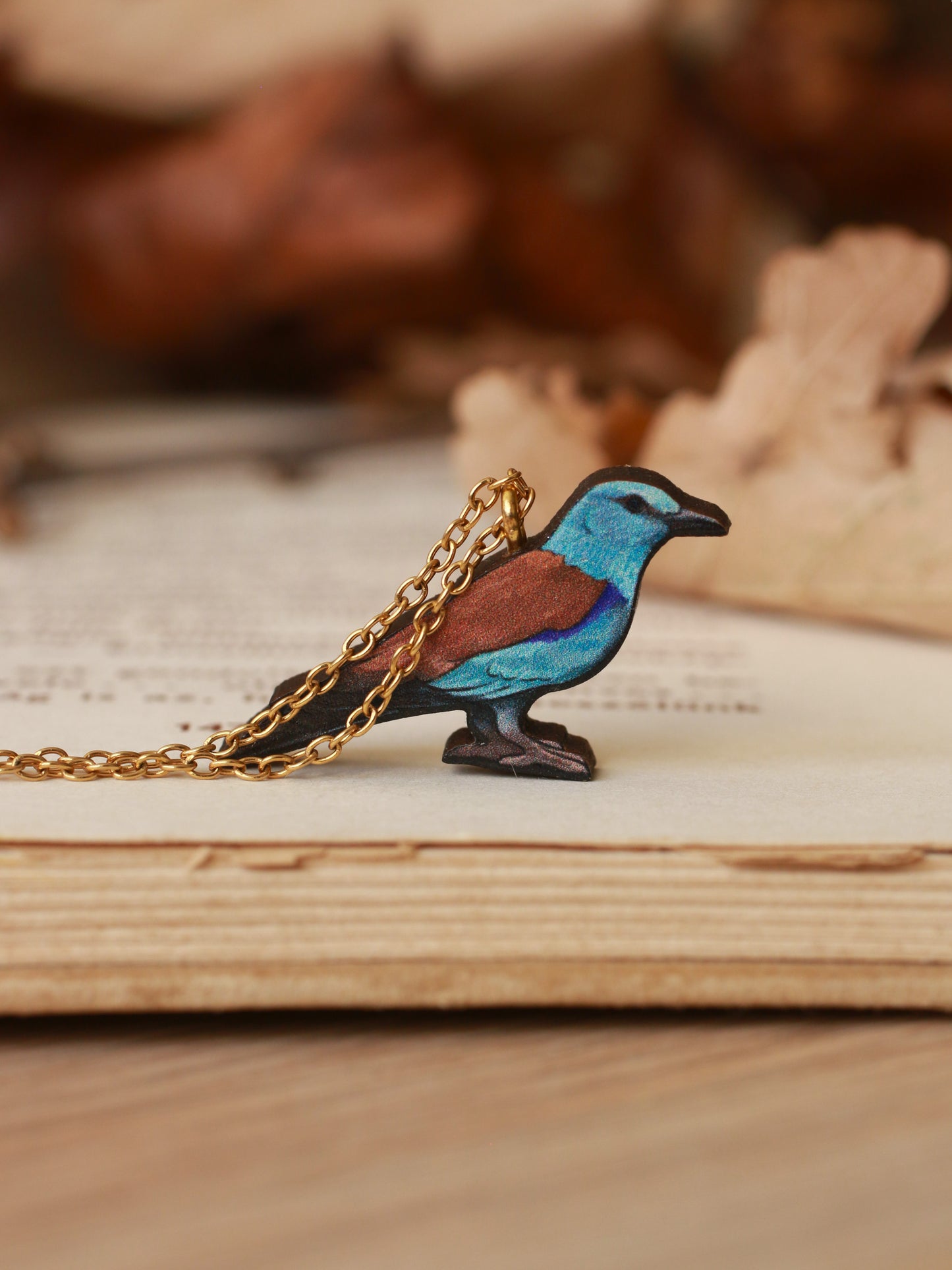 European roller necklace - wooden bird pendant