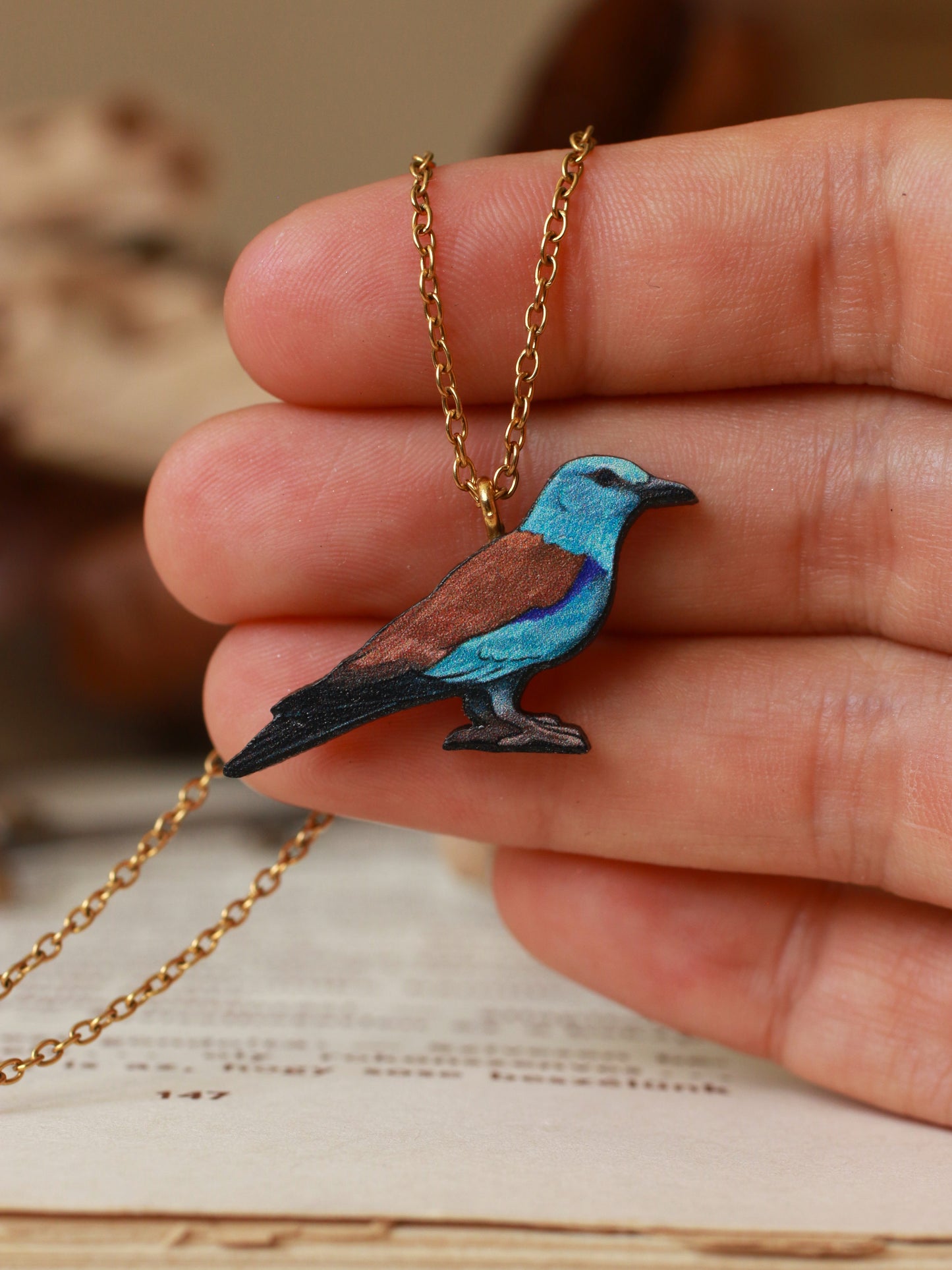 European roller necklace - wooden bird pendant