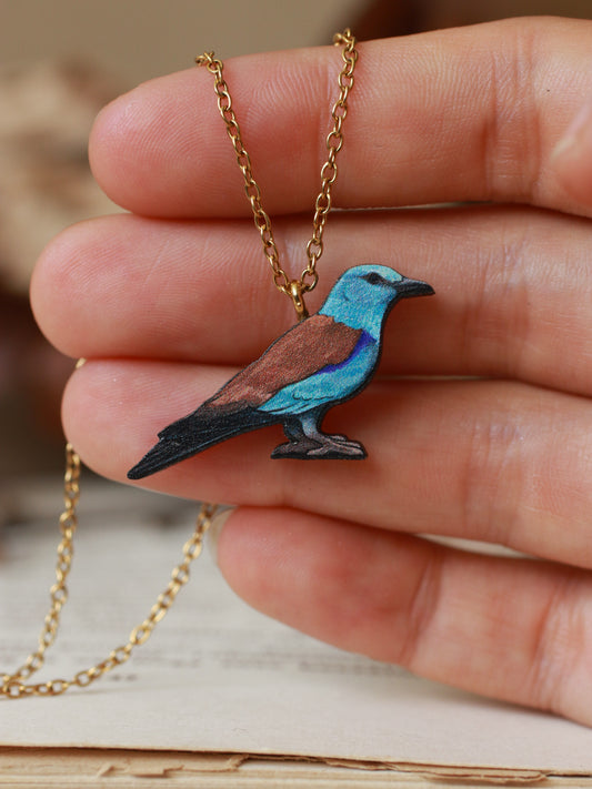 European roller necklace - wooden bird pendant