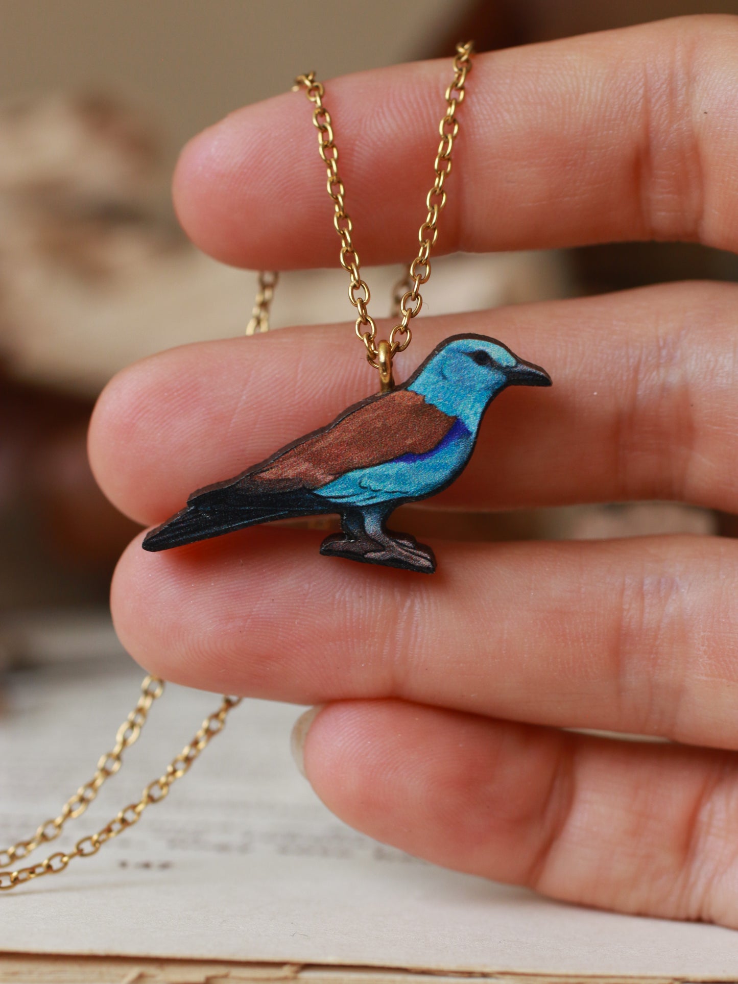 European roller necklace - wooden bird pendant