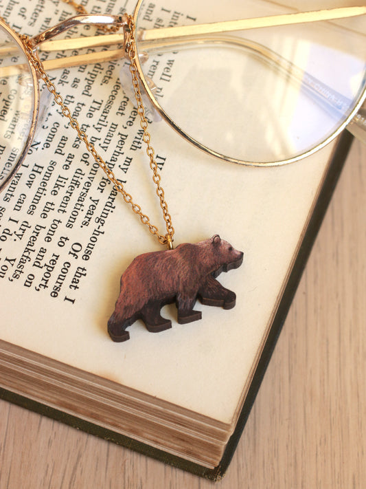 Grizzly bear necklace - wooden brown bear pendant