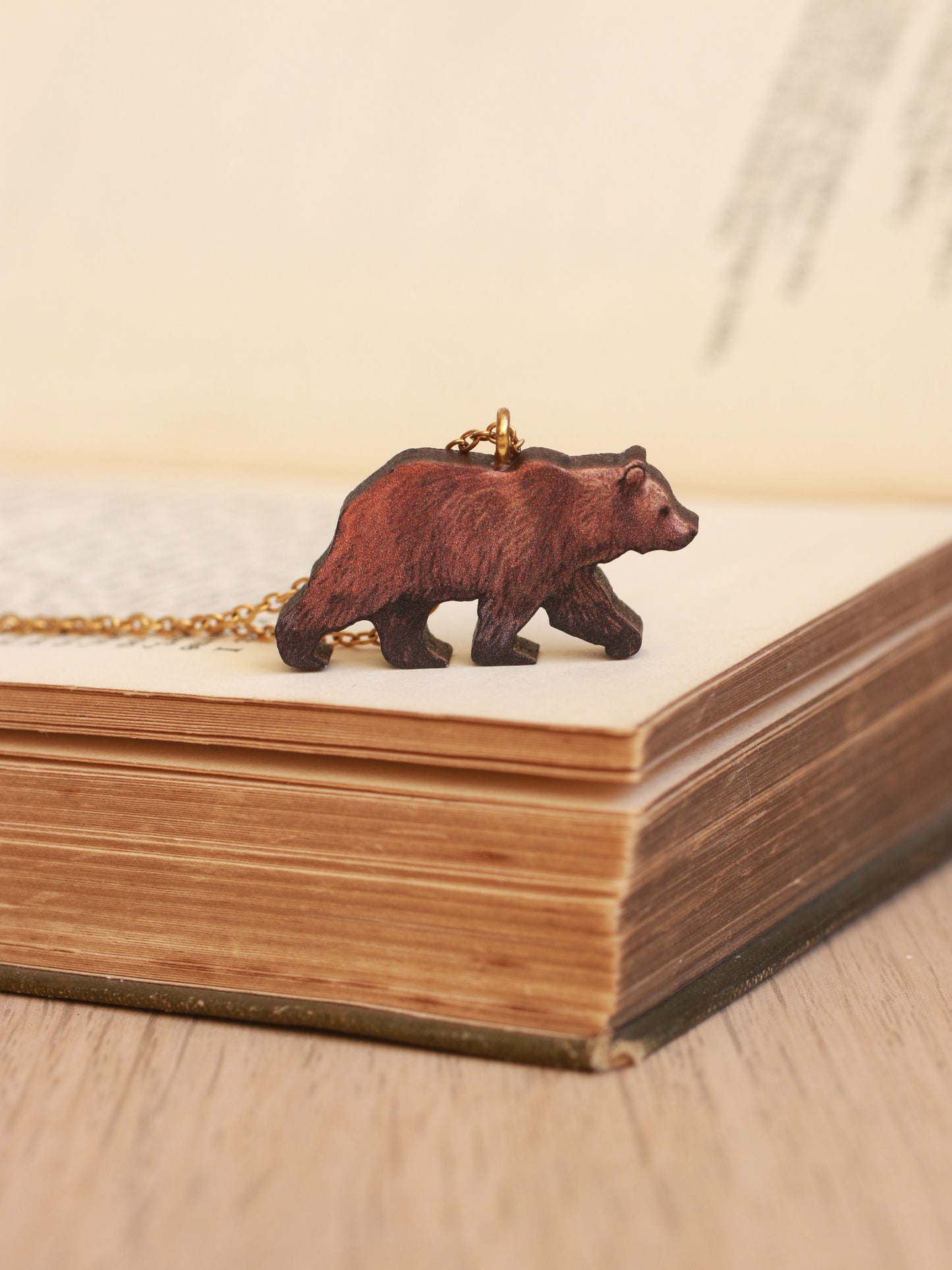 Grizzly bear necklace - wooden brown bear pendant