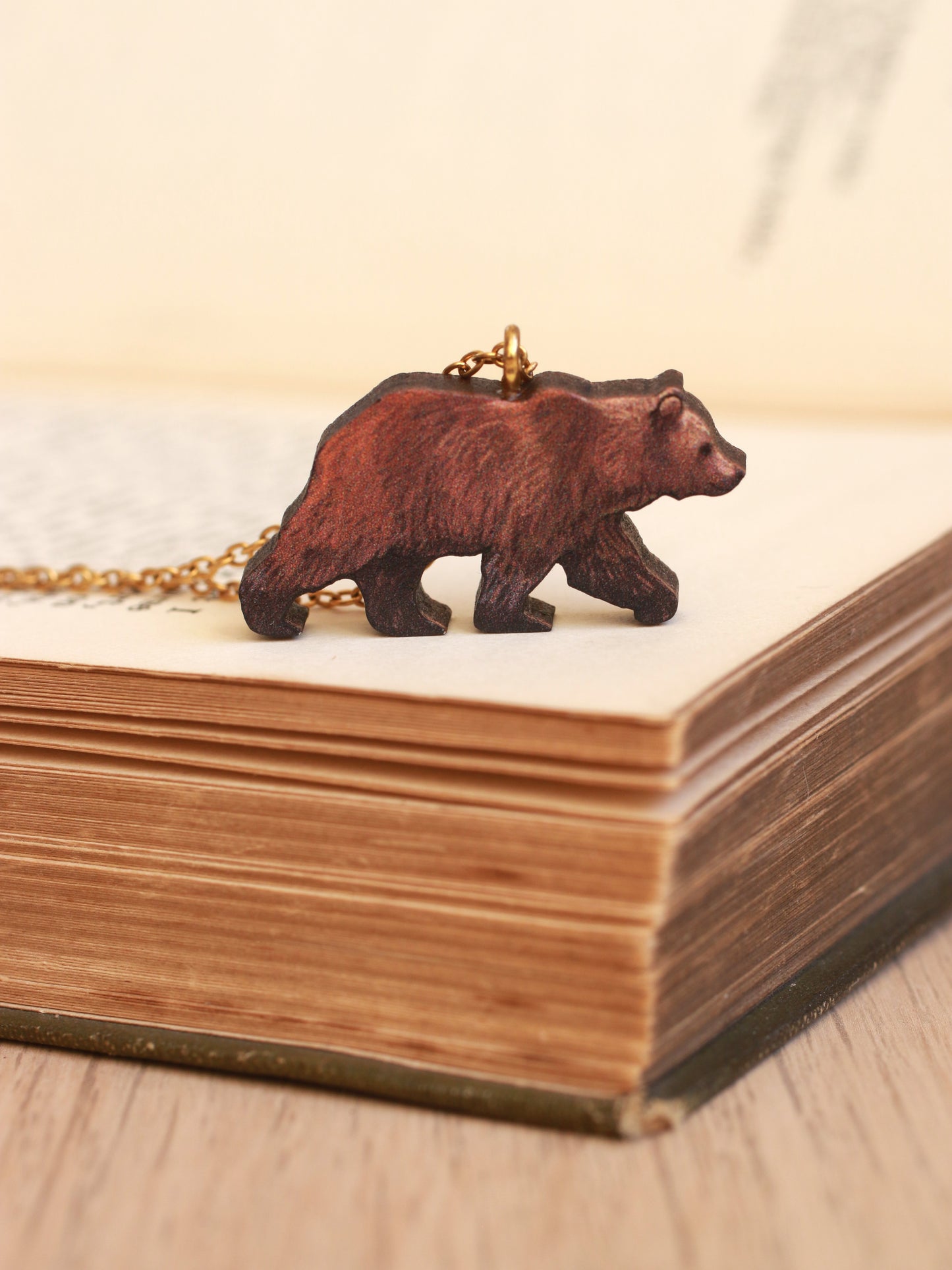 Grizzly bear necklace - wooden brown bear pendant