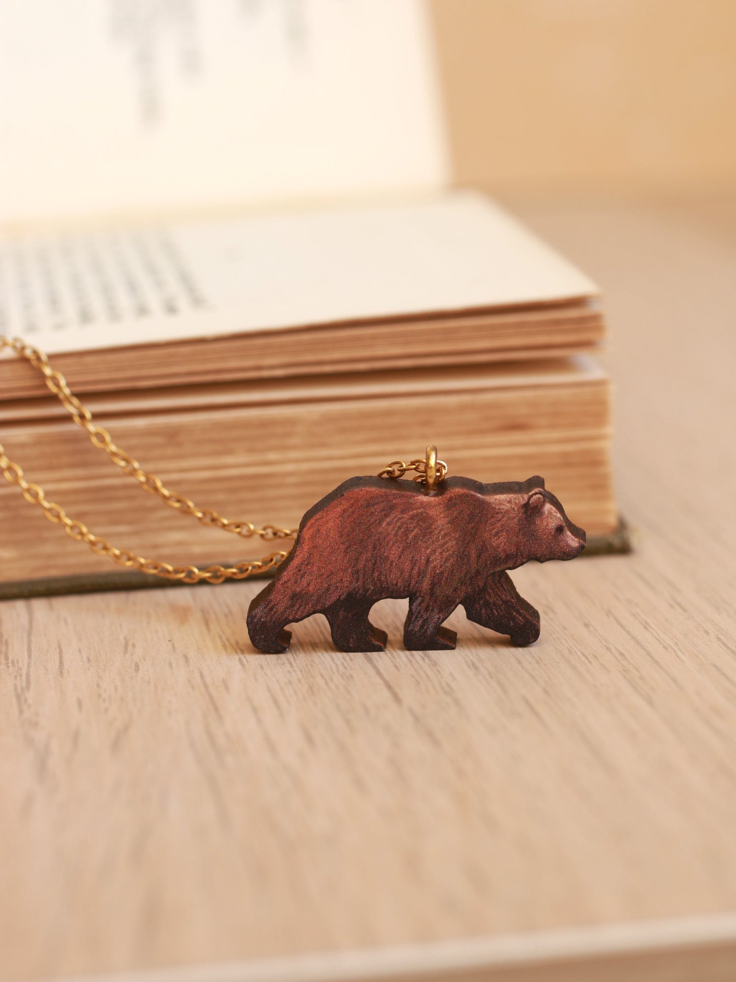 Grizzly bear necklace - wooden brown bear pendant