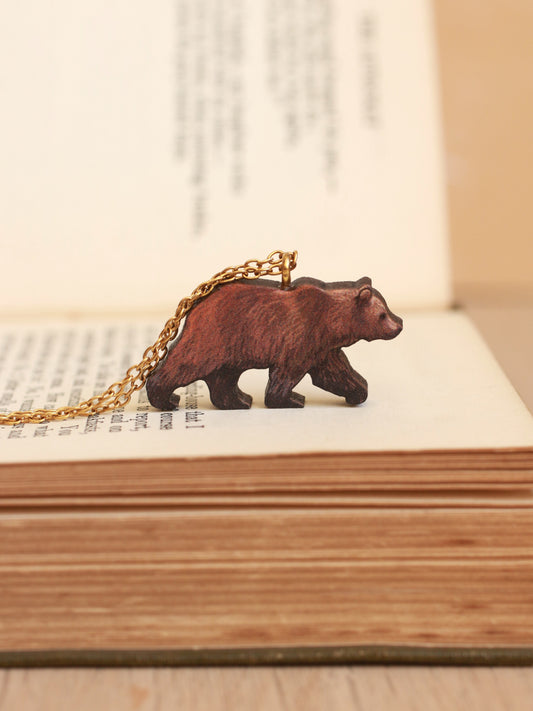 Grizzly bear necklace - wooden brown bear pendant