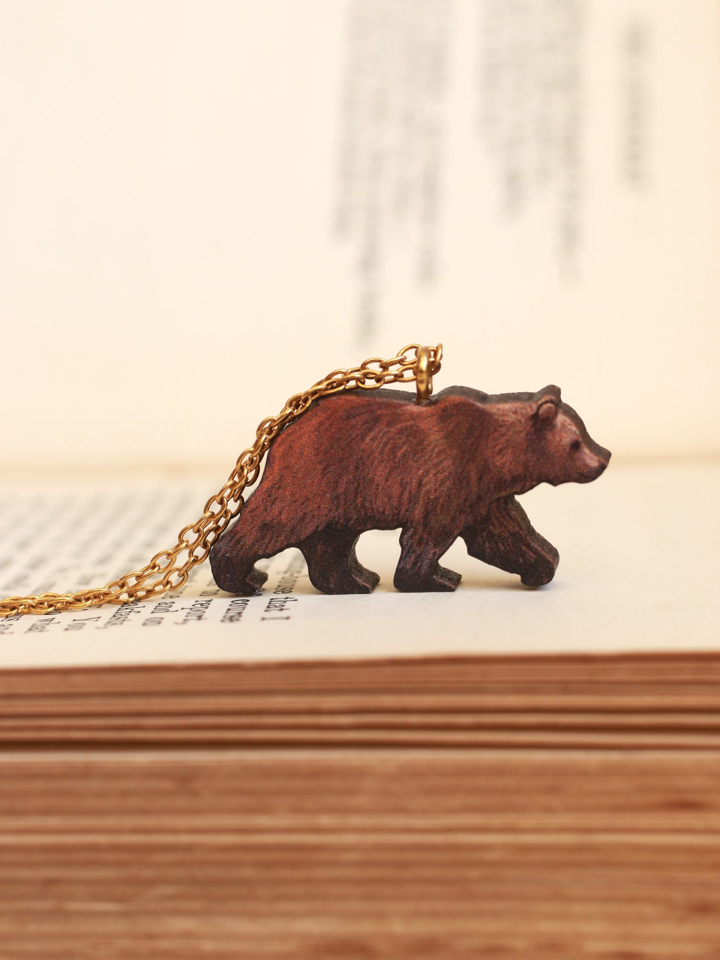 Grizzly bear necklace - wooden brown bear pendant